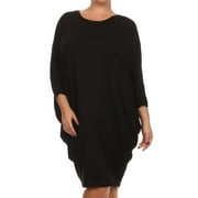 Womens Casual Solid Plus Size Loose Fit Long Sleeve Dolman Style Midi Dress
