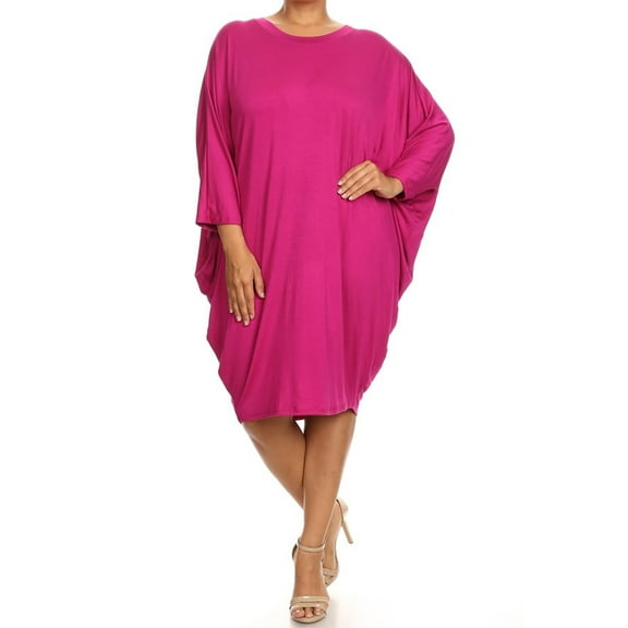 Women's Casual Plus Size Loose Fit Long Sleeve Dolman Style Midi Dress