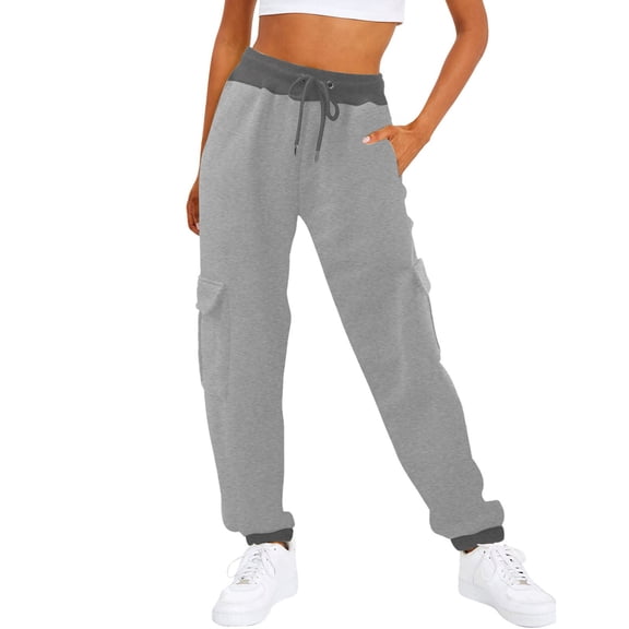 Women's Casual Solid Pocket Pants High Waist Elastic Band Sweater Pants Drawstring Cargo Pants