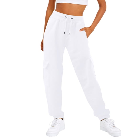 Women's Casual Solid Pocket Pants High Waist Elastic Band Sweater Pants Drawstring Cargo Pants