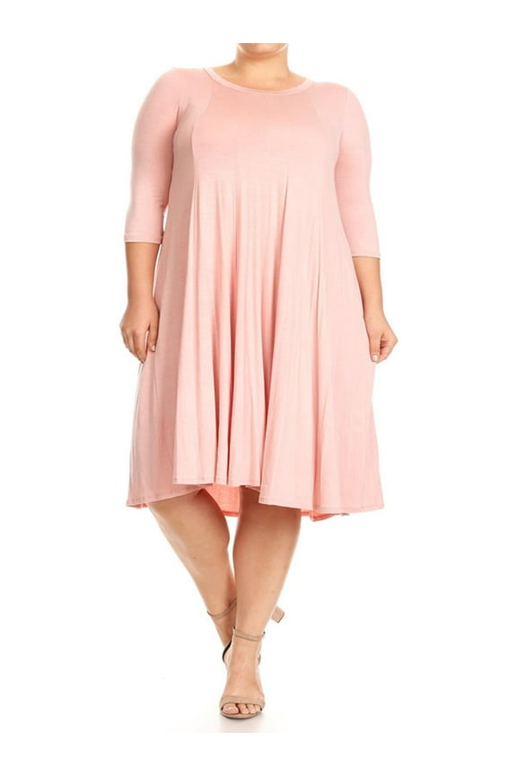 Women's Casual Solid & Print Plus Size 3/4 Sleeve A-line Midi Dress/Made in USA