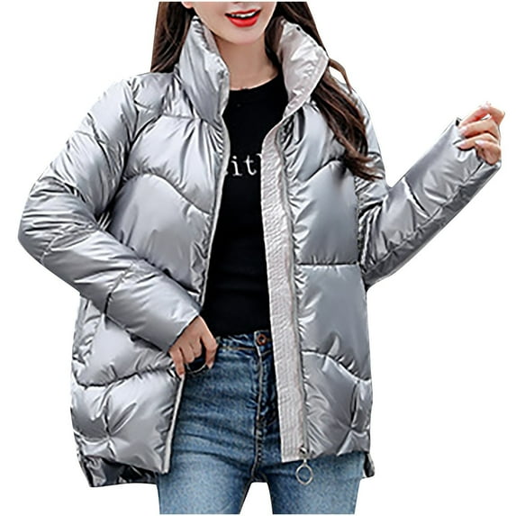 Women's Casual Solid Quilted Shiny Puffer Jacket Winter Warm Long Sleeve Zip Up Stand Collar Chunky Padded Coat