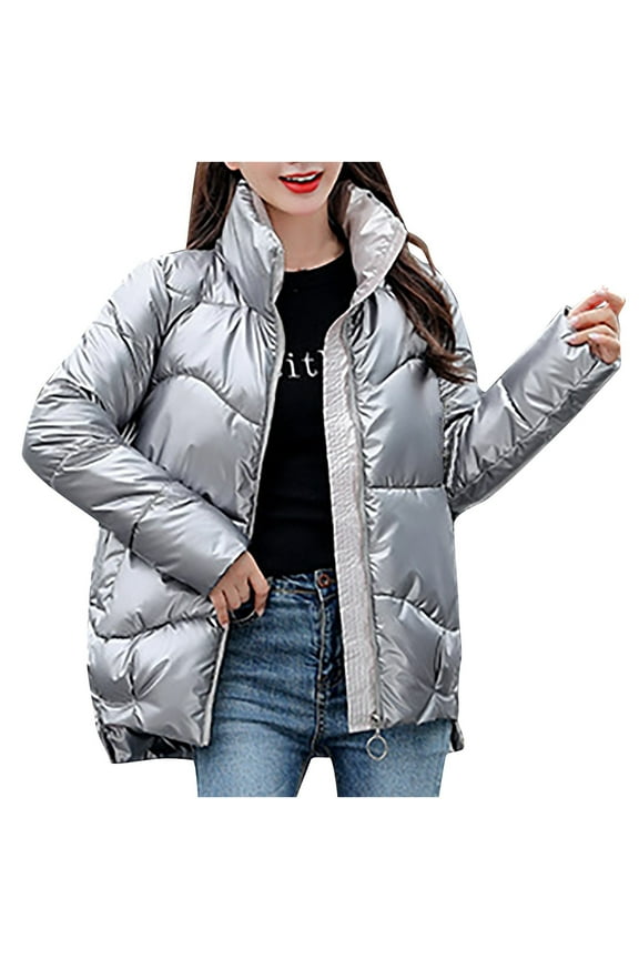 Women's Casual Solid Quilted Shiny Puffer Jacket Winter Warm Long Sleeve Zip Up Stand Collar Chunky Padded Coat