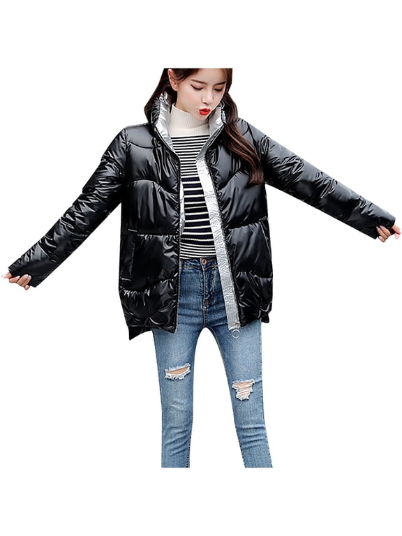 Women's Casual Solid Quilted Shiny Puffer Jacket Winter Warm Long Sleeve Zip Up Stand Collar Chunky Padded Coat