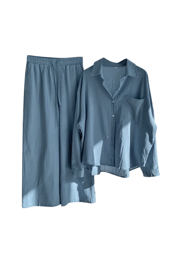 Women's Casual Solid Retro Plus Size Cotton Button Shirt High Waist Loose Pocket Long Pant Suit