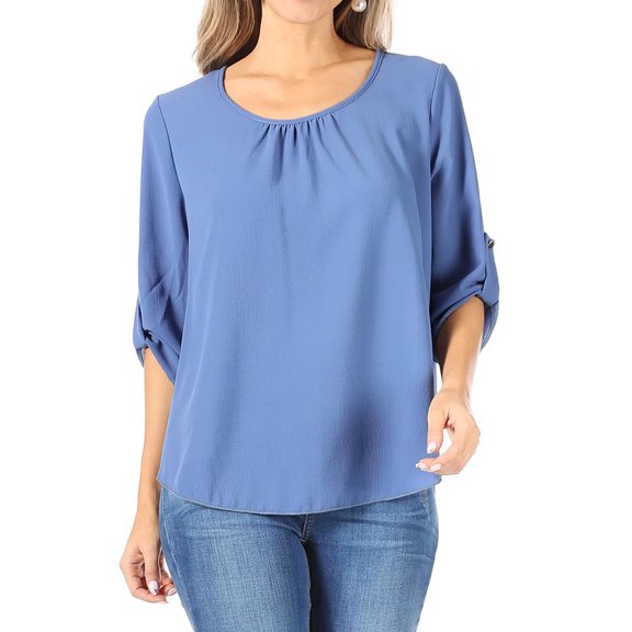 Women's Casual Solid Round Neck Loose Fit Roll Tab 3/4 Sleeve Shirt Blouse Tops