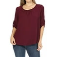 thumbnail image 1 of Women's Casual Solid Round Neck Loose Fit Roll Tab 3/4 Sleeve Shirt Blouse Tops, 1 of 6