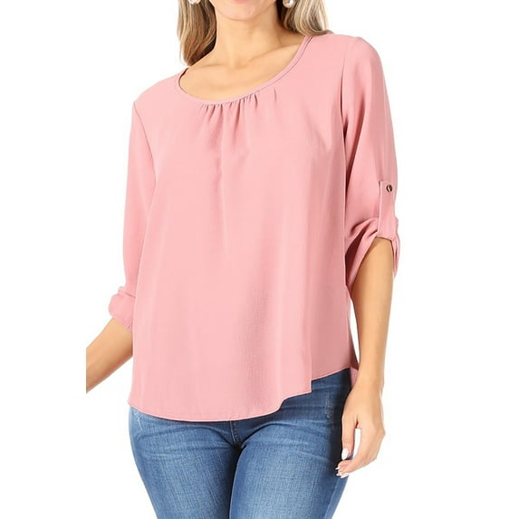 Women's Casual Solid Round Neck Loose Fit Roll Tab 3/4 Sleeve Shirt Blouse Tops