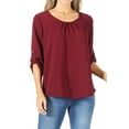 thumbnail image 1 of Women's Casual Solid Round Neck Loose Fit Roll Tab 3/4 Sleeve Shirt Blouse Tops, 1 of 6