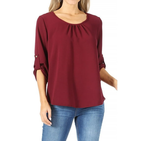 Women's Casual Solid Round Neck Loose Fit Roll Tab 3/4 Sleeve Shirt Blouse Tops