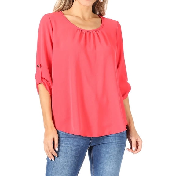 Women's Casual Solid Round Neck Loose Fit Roll Tab 3/4 Sleeve Shirt Blouse Tops