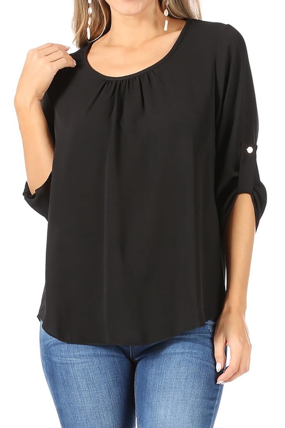 Women's Casual Solid Round Neck Loose Fit Roll Tab 3/4 Sleeve Shirt Blouse Tops