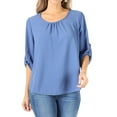 thumbnail image 1 of Women's Casual Solid Round Neck Loose Fit Roll Tab 3/4 Sleeve Shirt Blouse Tops, 1 of 6
