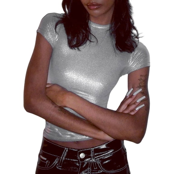 Women's Casual Solid Round Neck Short Sleeve T-Shirt Comfortable Pleated Crop Top Blouse Stylish Fit Soft Fabric