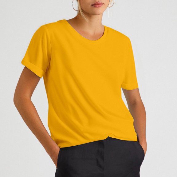 Women's Casual Solid Round Neck Short Sleeve T Shirt Versatile Everyday Tee, XXL, Yellow