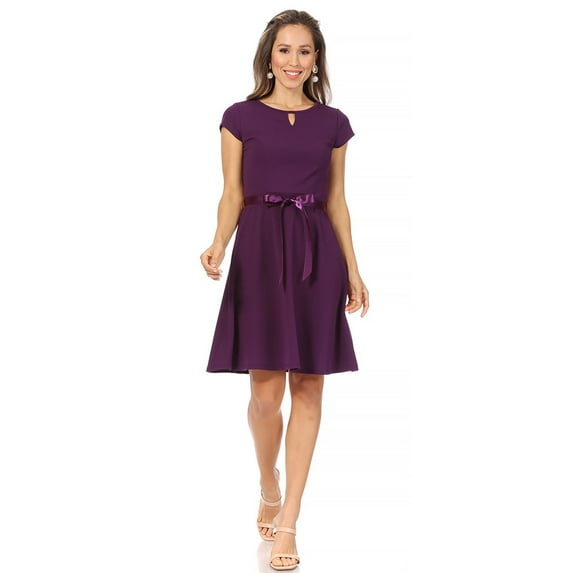 Women's Casual Solid Short Sleeve Ribbon Belted Flared A Line Swing Dresses