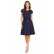 Womens Casual Solid Short Sleeve Ribbon Belted Flared A Line Swing Dresses