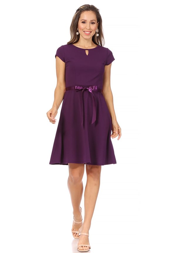 Women's Casual Solid Short Sleeve Ribbon Belted Flared A Line Swing Dresses