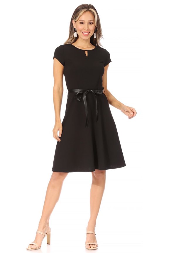 Women's Casual Solid Short Sleeve Ribbon Belted Flared A Line Swing Dresses