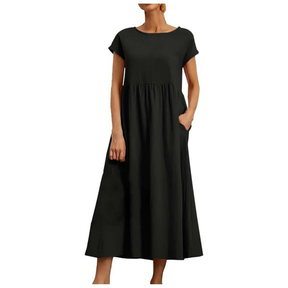Women's Casual Solid Sleeveless Linen Dress Pockets - Loose Fit Round Neck Midi Summer Dress