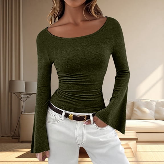 Women's Casual Solid Square U Neck Bell Long Sleeve Skinny Tee Shirt Top Boat Neck Going Out Fitted Shirts Trendy Casual Basic Tees,Green M