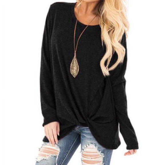 Women's Casual Solid T Shirts Twist Knot Tunics Tops Blouses Loose O-Neck Long Sleeve Tops Solid Blouse Black S