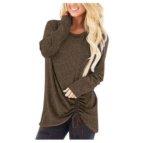 Women's Casual Solid T Shirts Twist Knot Tunics Tops Blouses Loose O-Neck Long Sleeve Tops Solid Blouse Khaki XXL