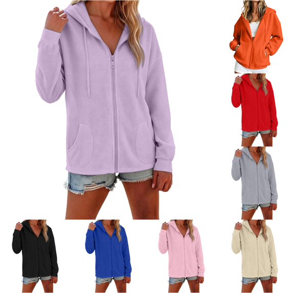 Women's Casual Solid Zip Up Hoodie with Pockets, Long Sleeve Pullover Sweatshirt for Daily Wear