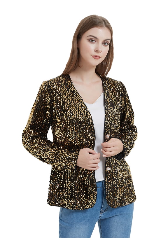 Women's Casual Sparkle Sequins Blazer Jacket Party Wedding Open Front Shiny Coat, Gold, Medium