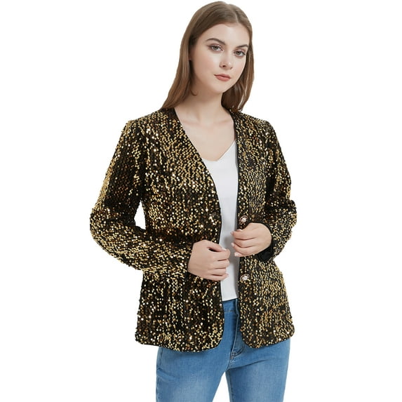 Women's Casual Sparkle Sequins Blazer Jacket Party Wedding Open Front Shiny Coat, Gold, Small
