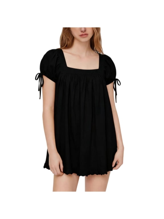 Women’s Casual Square Neck Blouse Tie Sleeve Puff Short Sleeve Ruffle Hem Babydoll Tunic Top