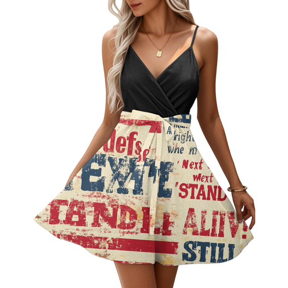 Women's Casual Square Neck Dress, Sleeveless Summer Sundress with Elastic Waist and Patriotic Print, Comfortable Holiday Apparel,Complexion XL