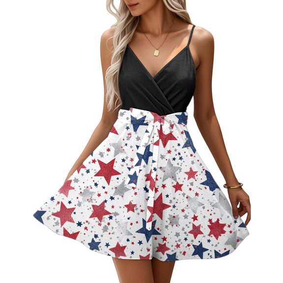 Women's Casual Square Neck Dress, Sleeveless Summer Sundress with Elastic Waist and Patriotic Print, Comfortable Holiday Apparel,White S