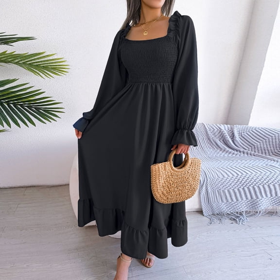 Women's Casual Square Neck Flared Dresses Big Swing Ruffle Long Dresses Womens plus Size Dresses Ruffle Dress Women Long Sleeve Maxi Dresses for Women Long Sleeve Dress Casual Swing Dress for Women