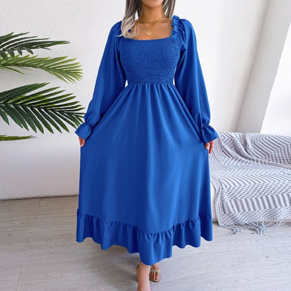 Women's Casual Square Neck Flared Dresses Big Swing Ruffle Long Dresses Womens plus Size Dresses Ruffle Dress Women Long Sleeve Maxi Dresses for Women Long Sleeve Dress Casual Swing Dress for Women