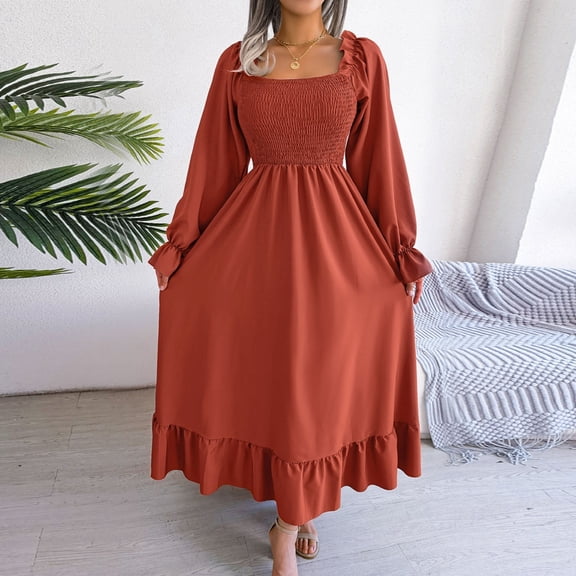 Women's Casual Square Neck Flared Dresses Big Swing Ruffle Long Dresses Womens plus Size Dresses Ruffle Dress Women Long Sleeve Maxi Dresses for Women Long Sleeve Dress Casual Swing Dress for Women
