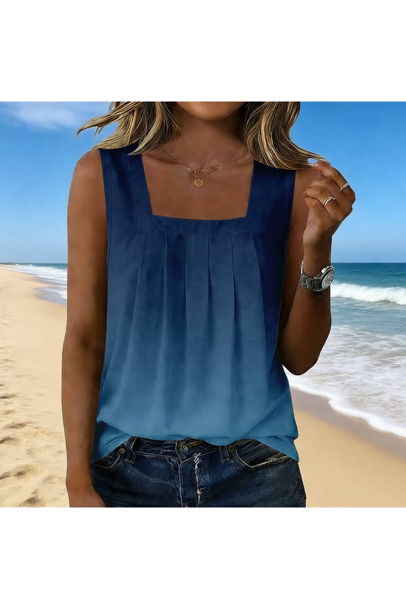 Women's Casual Square Neck Sleeveless Blouse with Floral Print and Pleated Detail Blue 2XL