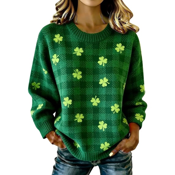 Women's Casual St. Patrick's Day Hoodie, Green Waffle Knit Long Sleeve Pullover with Clover Graphic