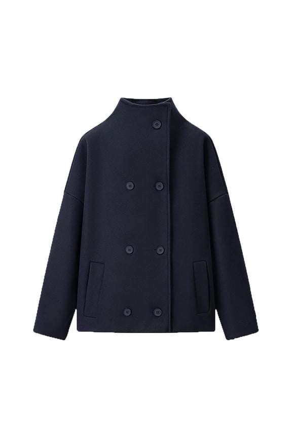 Women's Casual Stand Collar Double Breasted Short Wool Pea Coat Jacket Coat Overcoat