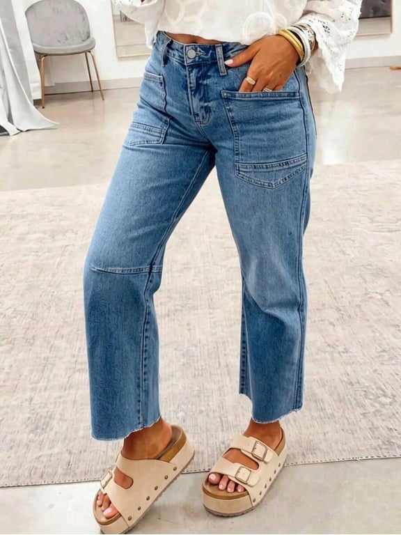 Women's Casual Straight Leg Cropped Length Jeans, Frayed Hem, Medium Stretch, Fashion Relaxed Retro Style Spring, Effortless Style Fall