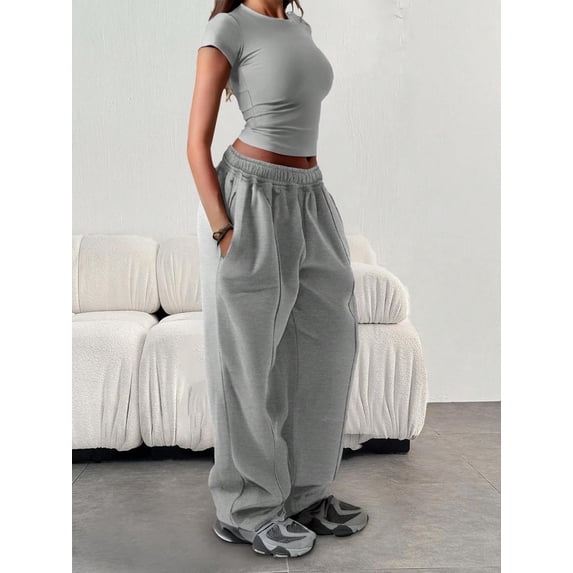 Women’s Casual Straight Leg Loose Elastic Waist Solid Color Long Pants
