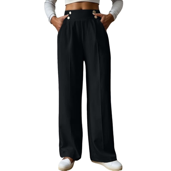 Women's Casual Straight Leg Pants - Side Button Design, Elastic Waist, Functional Pockets, Polyester, Sizes S-XXXL, 100-105cm Length, Machine Wash