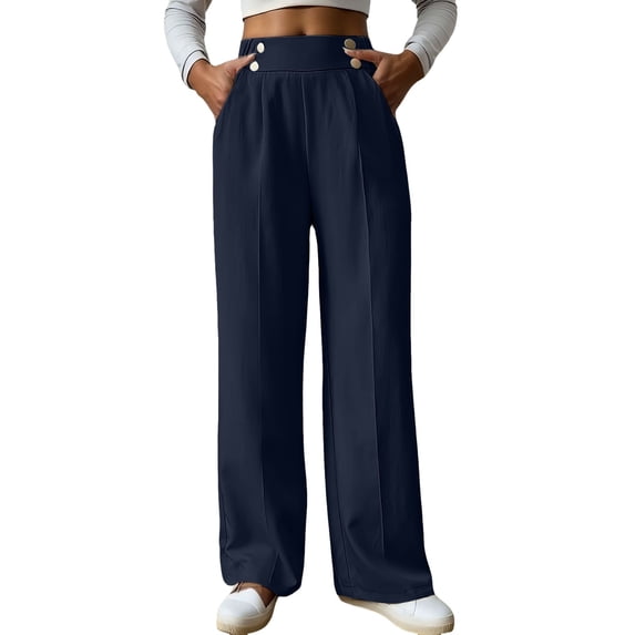 Women's Casual Straight Leg Pants - Side Button Design, Elastic Waist, Functional Pockets, Polyester, Sizes S-XXXL, 100-105cm Length, Machine Wash