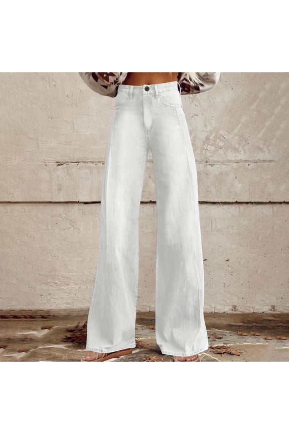 Women's Casual Straight Leg Pants, Soft Rayon Blend, Button Front, Tummy Control, Elastic Waist, Mid Rise, Straight Leg, Stretchy Daily Wear, Work, Weekend, Office, | TruBelle,White L