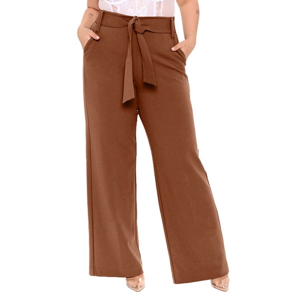 Women’s Casual Straight Leg Pants Solid Color Elastic High Waist Tie Trim Comfy Trousers With Pockets