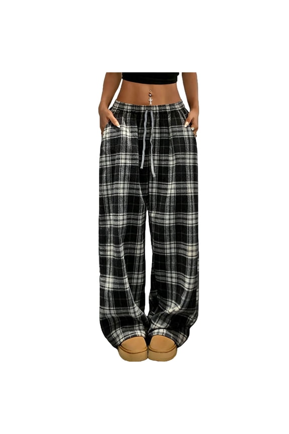 Women's Casual Straight Leg Trousers Slacks Bottoms with Elastic Waistband Checkered Pockets Stretchy Comfy Business Casual Work Office Lounge Wear Travel Essentials for Women