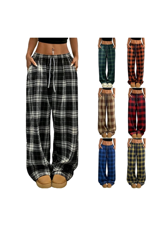 Women's Casual Straight Leg Trousers Slacks Pants Elastic Waist Checkered Pockets Relaxed Fit Stretchy Soft Breathable Flowy Business Casual Work Office Lounge Wear Travel Essentials for Women