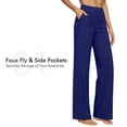 thumbnail image 1 of Women's Casual Straight Leg Yoga Pants, Solid Color High Waisted Tummy Control Elastic Waist Pants, Loose Fit Cotton Linen Blend Versatile Trousers for Daily Wear Blue M, 1 of 7