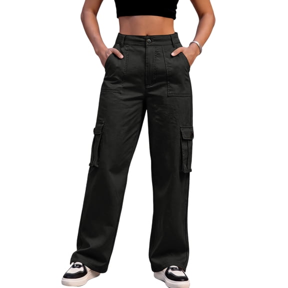 Women's Casual Street Style Multi-pocket High Waist Slim Wide Leg Work Trousers, Black, Size S