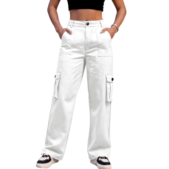 Women's Casual Street Style Multi-pocket High Waist Slim Wide Leg Work Trousers, White, Size S